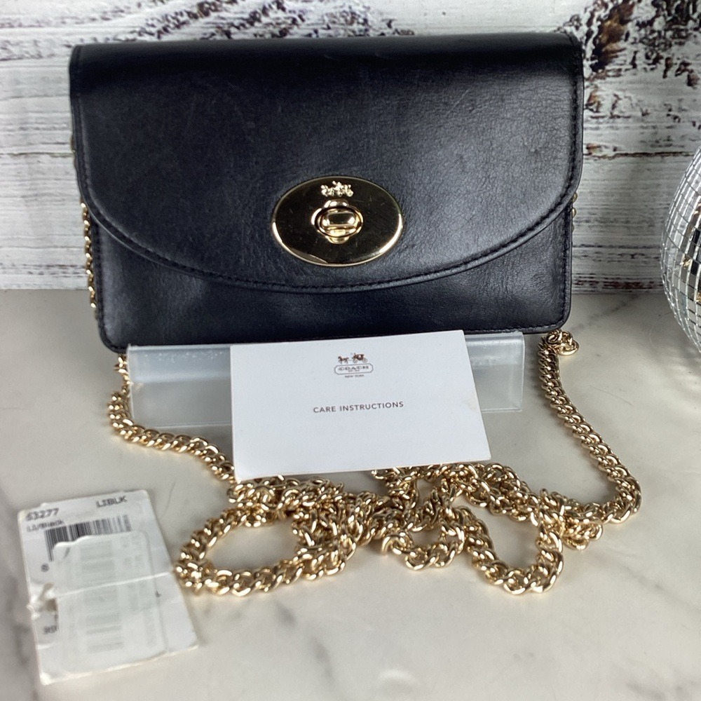 Coach #53277 Black Soft Leather Clutch Wallet with Gold Chain - Picture 4 of 10